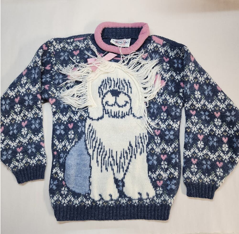 Heartworks Girls 3D Knit Sweater 4T Dog Hearts Roll Neck Twee Retro Vintage 80s